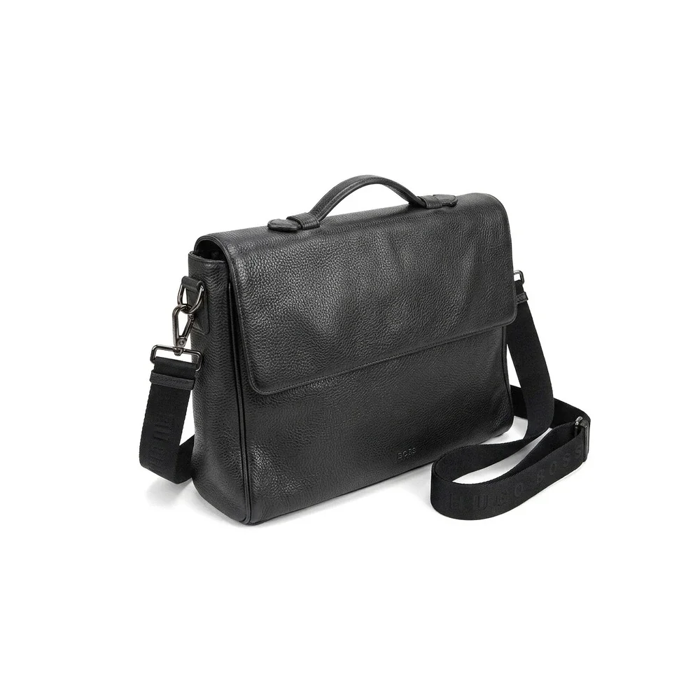 HUGO BOSS Pebbled Leather Laptop Messenger Bag Black Magnetic Gunmetal Hardware